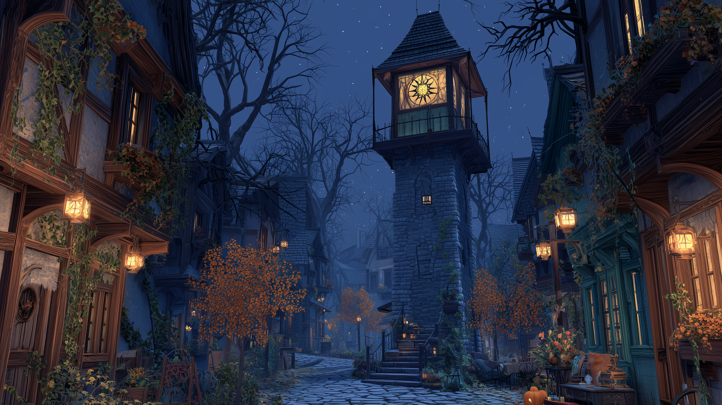 A moody fantasy village street at dusk features a stone clock tower rising between lantern-lit timber-framed buildings surrounded by bare autumn trees and warm glowing lights.