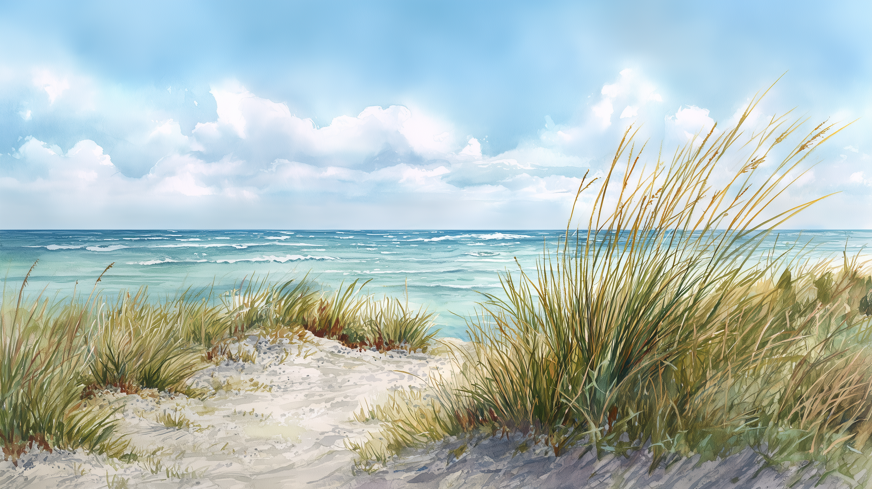 A serene watercolor painting captures sun-drenched sand dunes with swaying sea grass framing a calm turquoise ocean beneath a partly cloudy sky.