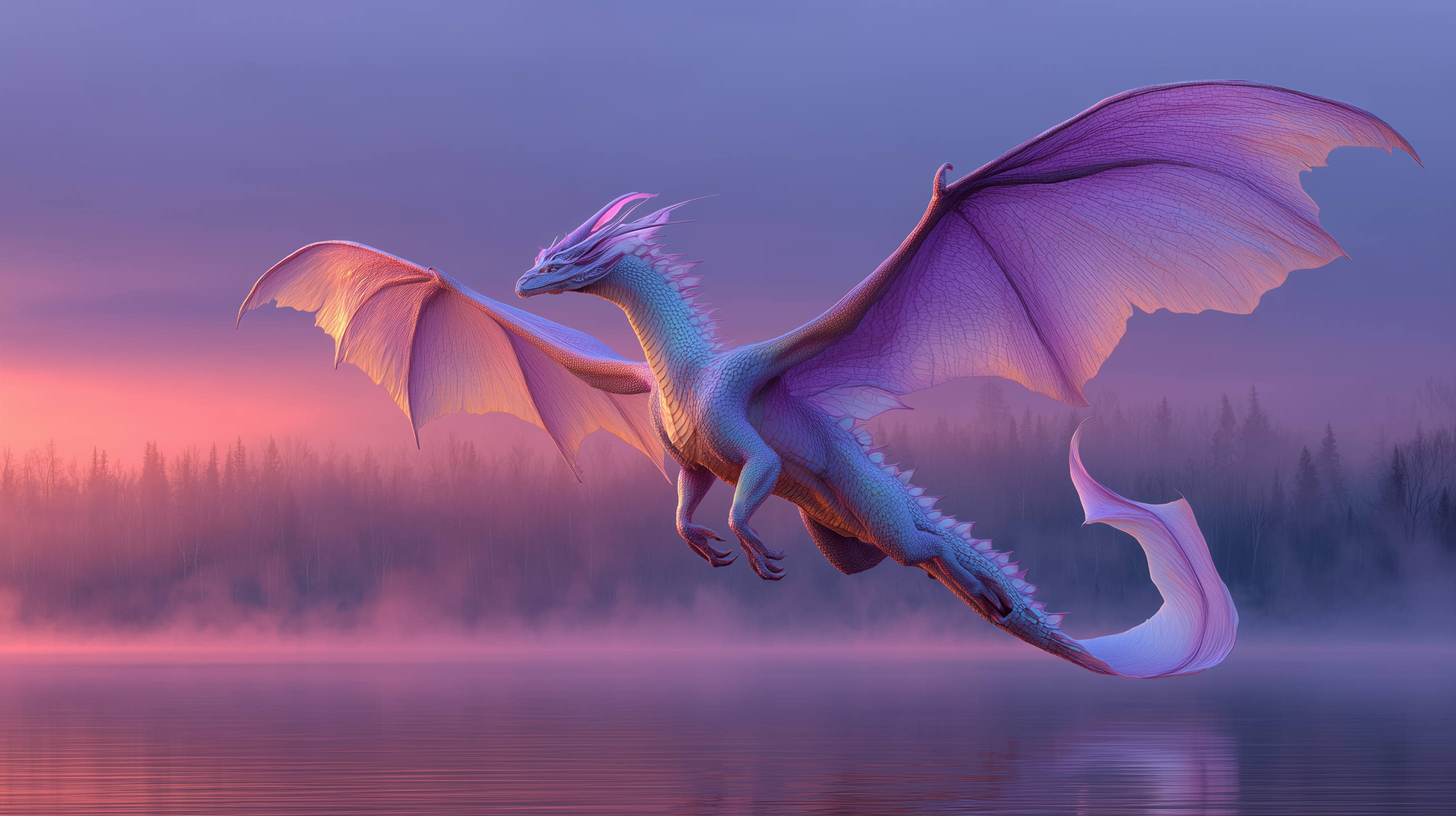 A majestic purple and pink dragon soars gracefully over a misty lake at twilight, with soft mountain silhouettes and a dreamy pastel sky in the background.