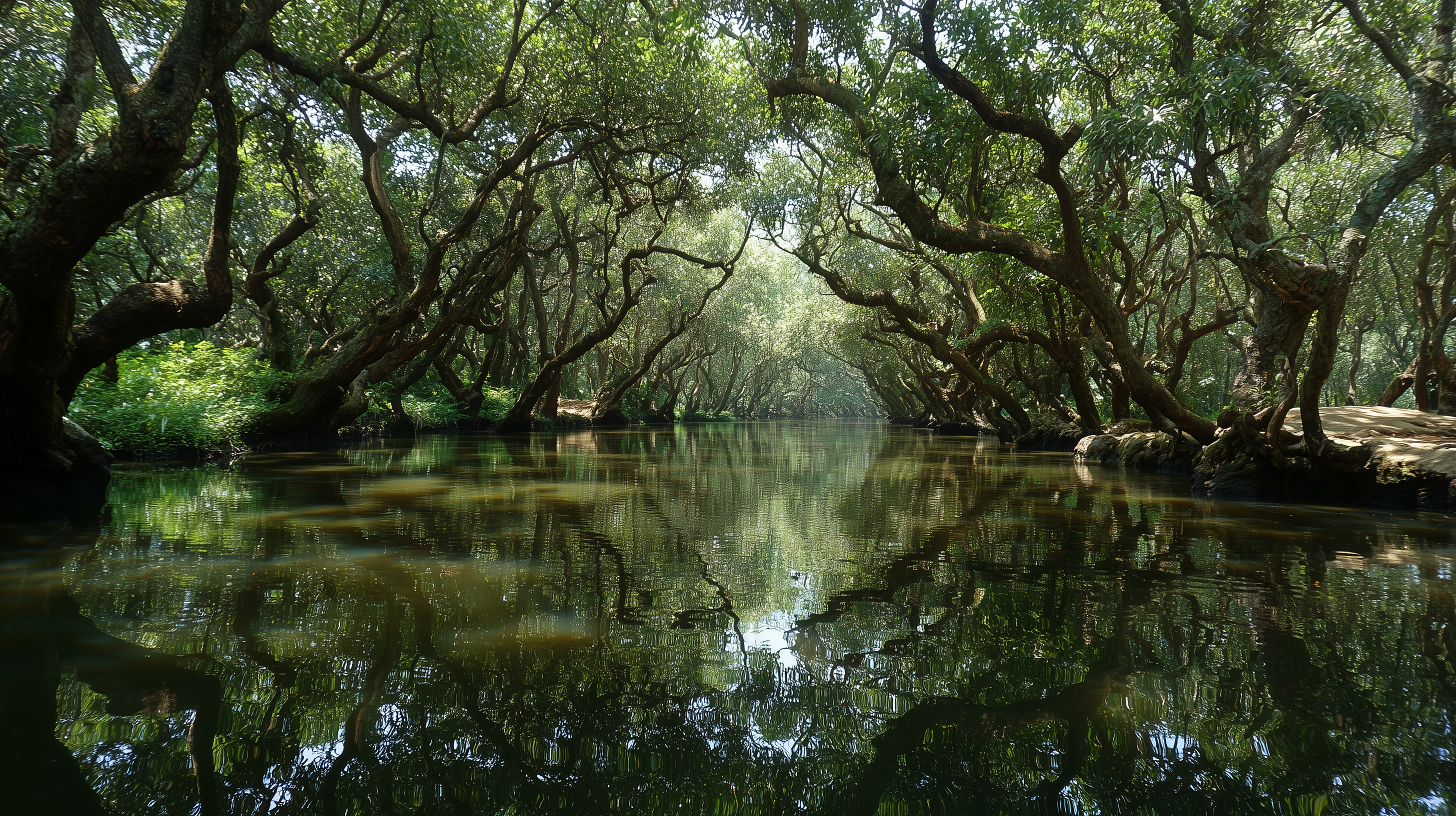 A serene mangrove forest channel reflects twisted ancient trees in still dark water, creating a natural tunnel of lush green canopy.