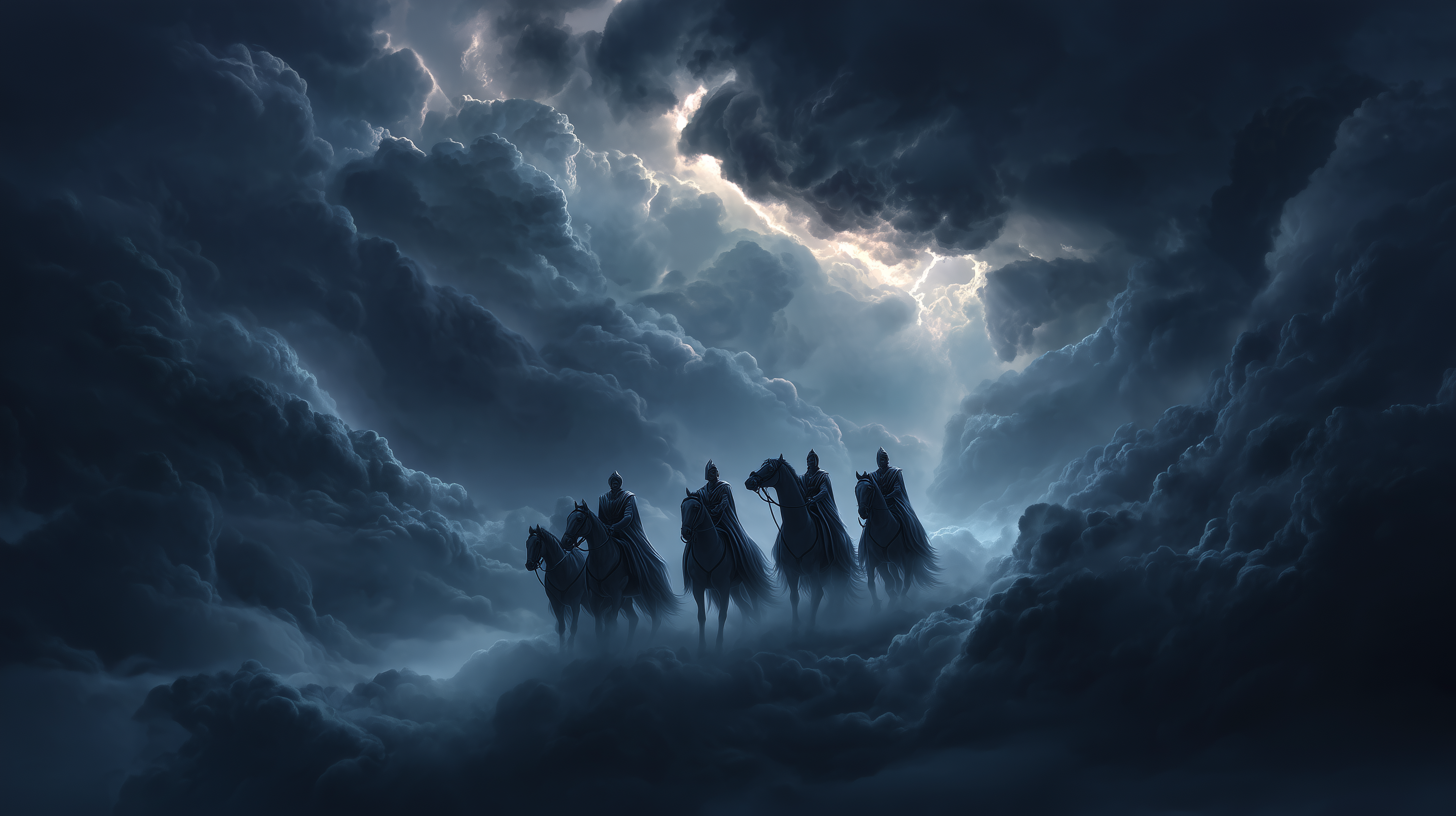 Four mysterious riders on horseback emerge from dramatic storm clouds illuminated by lightning in this dark fantasy digital artwork.