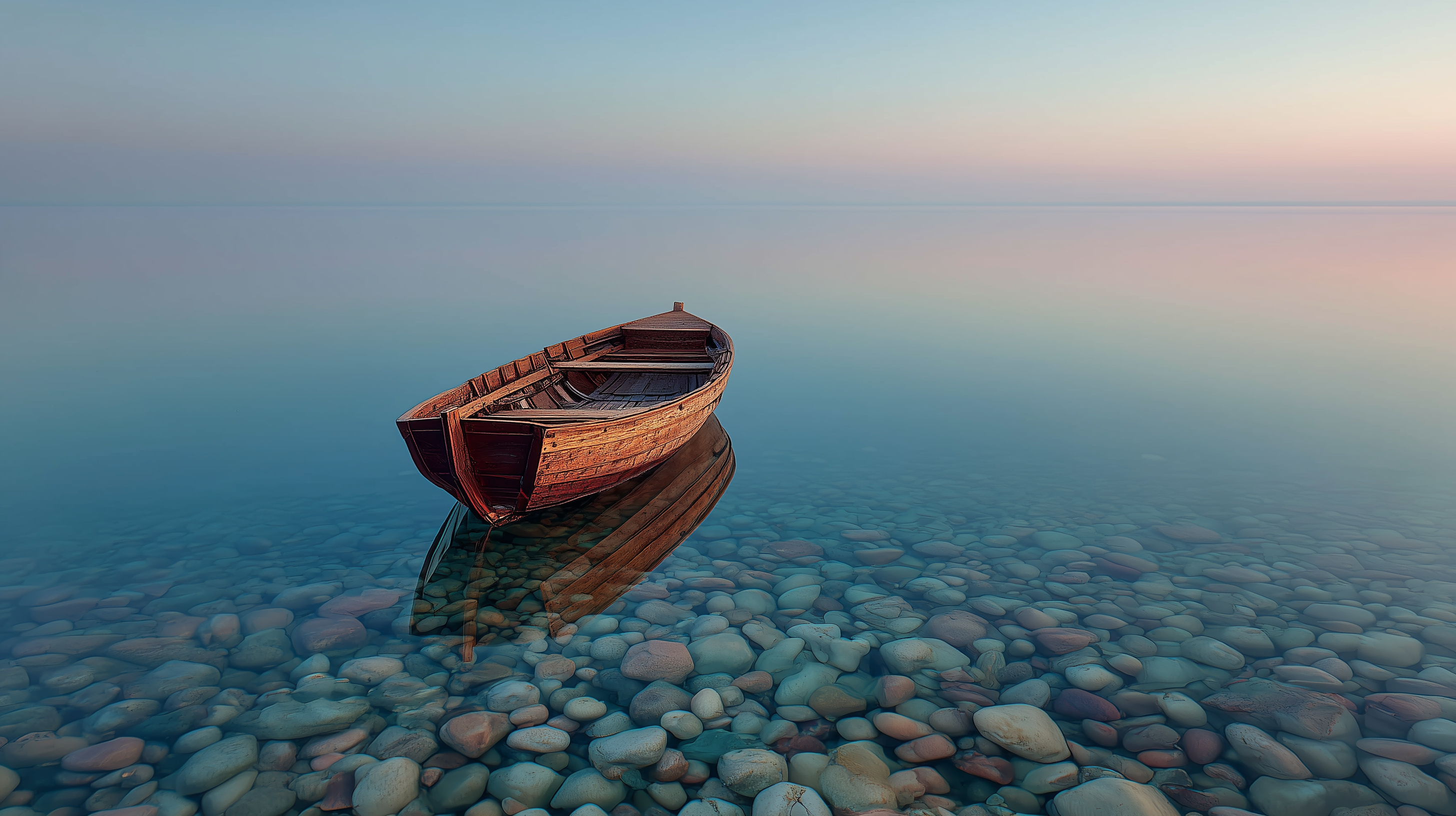A weathered wooden rowboat rests in crystal-clear shallow water beside smooth pebbles under a soft pastel twilight sky, evoking tranquility and peaceful solitude.
