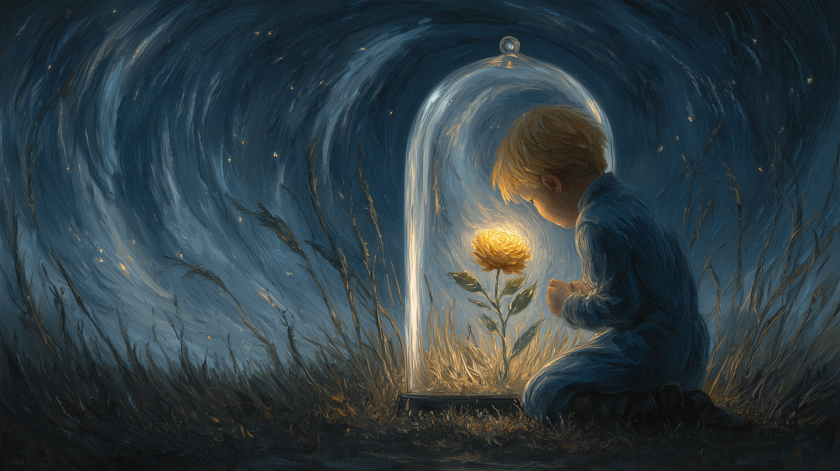 A dreamy digital painting of a young boy sheltered under a glass dome, tenderly gazing at a glowing golden rose amid a swirling night sky.