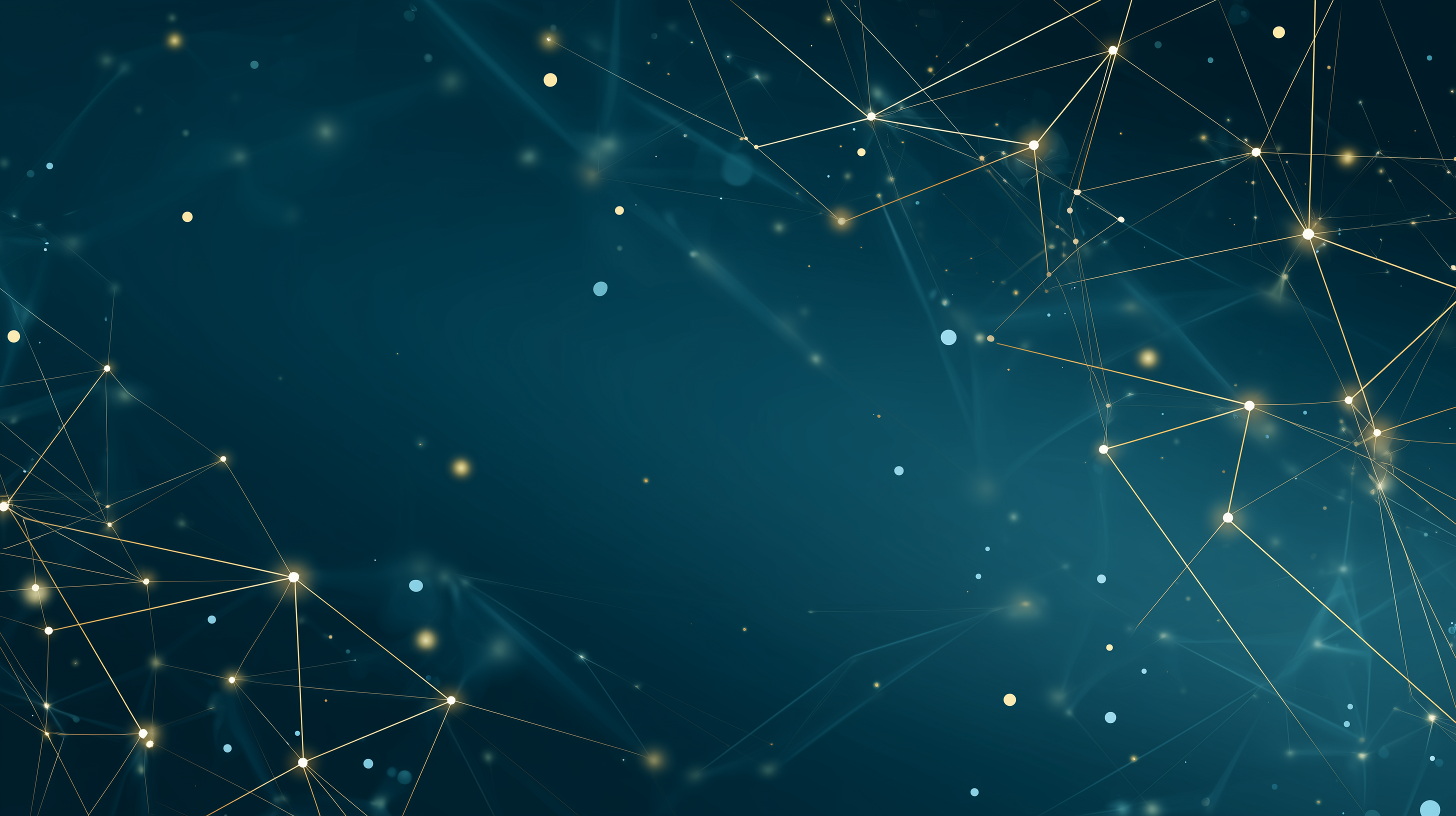A digital abstract wallpaper featuring glowing golden nodes and geometric connecting lines scattered across a deep teal background, evoking themes of technology and connectivity.