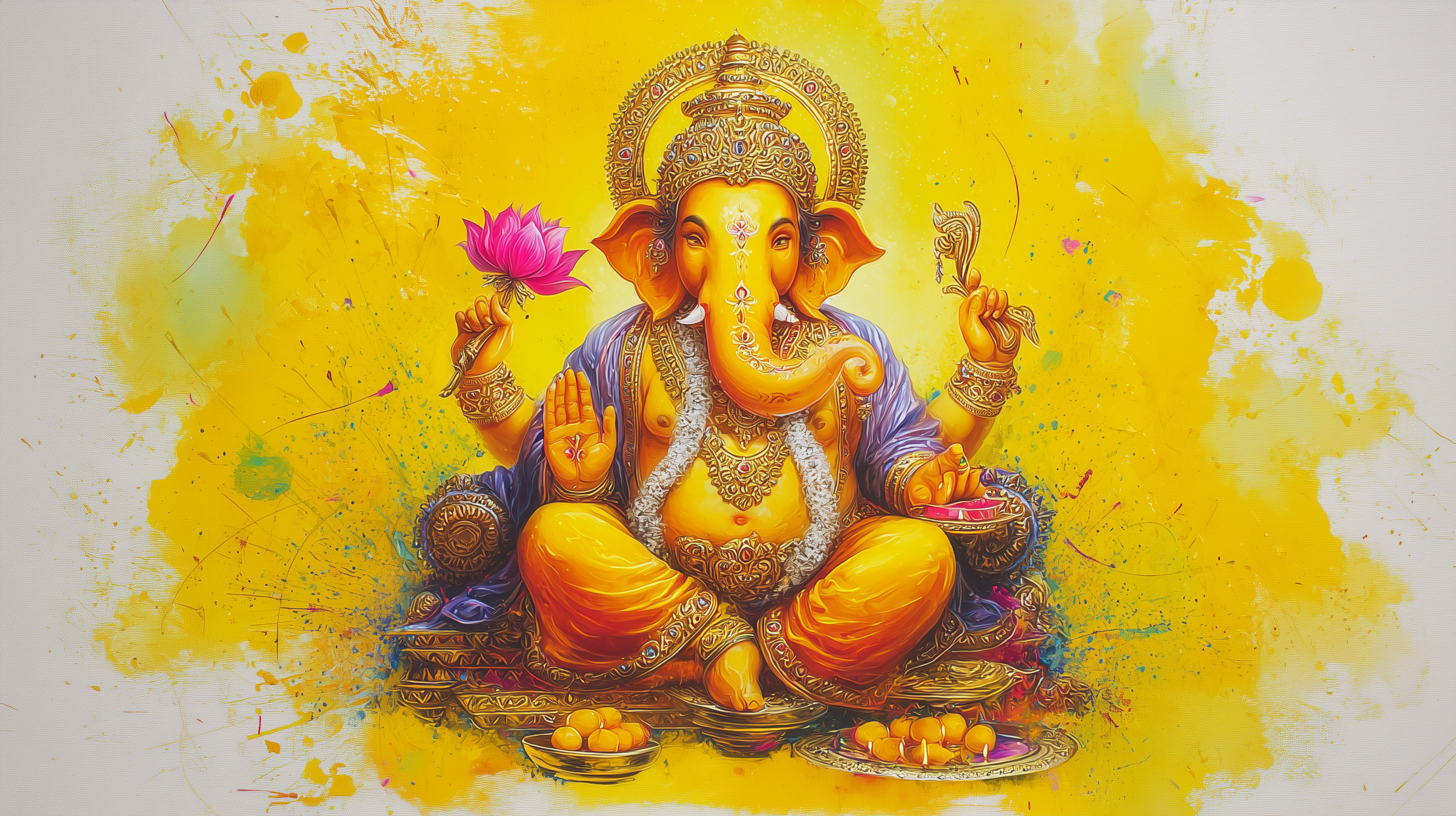 A vibrant watercolor-style painting of Lord Ganesha seated in a meditative pose, adorned with ornate jewelry and holding a lotus flower against a radiant yellow background.