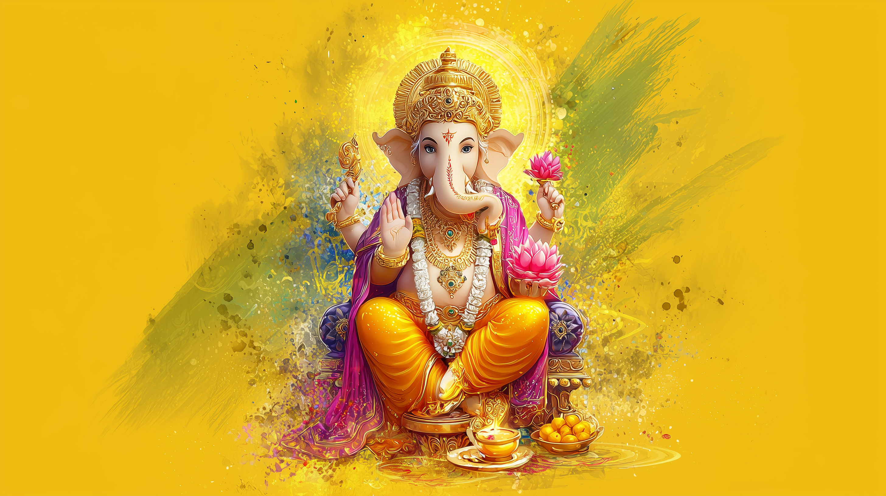 A richly adorned depiction of Lord Ganesha seated in a meditative pose, surrounded by golden hues, a pink lotus, and traditional offerings on a vivid yellow background.