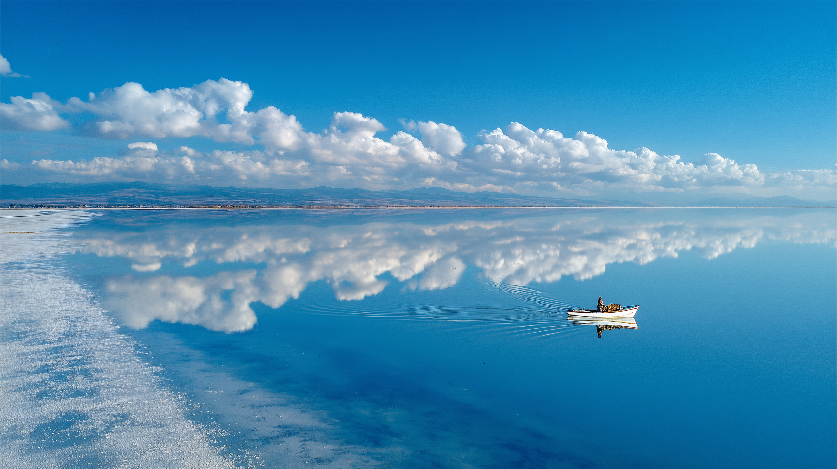 A lone white boat glides across a perfectly still lake that mirrors dramatic cumulus clouds and vivid blue sky, creating a breathtaking symmetrical reflection.