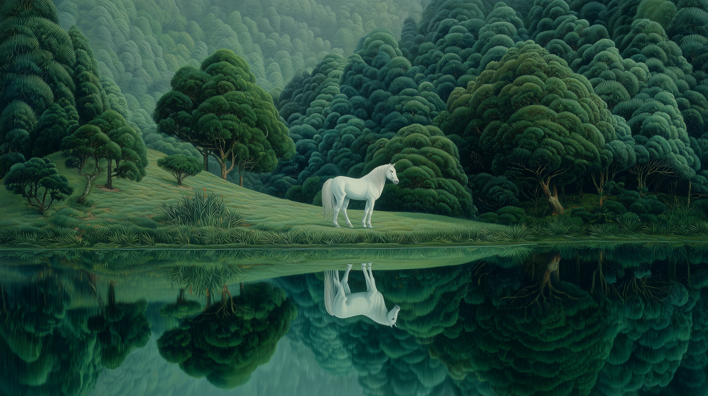 A white horse stands peacefully on a lush green bank beside a perfectly still lake that mirrors the surrounding ancient trees in a dreamlike painted landscape.