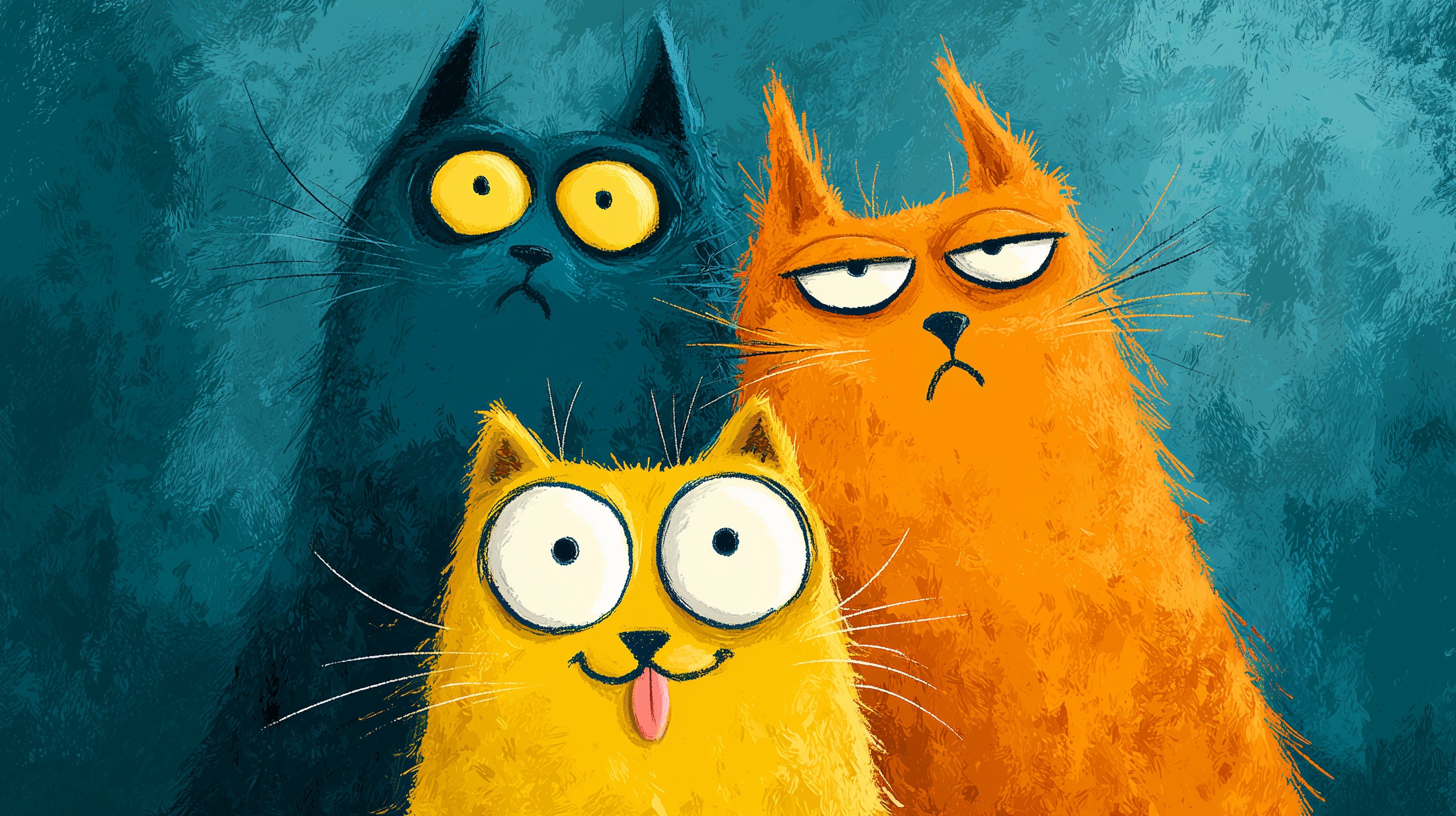 A vibrant digital painting featuring three expressive cartoon cats with bold personalities — a wide-eyed yellow cat, a sleepy orange cat, and a startled dark teal cat — set against a textured teal background.