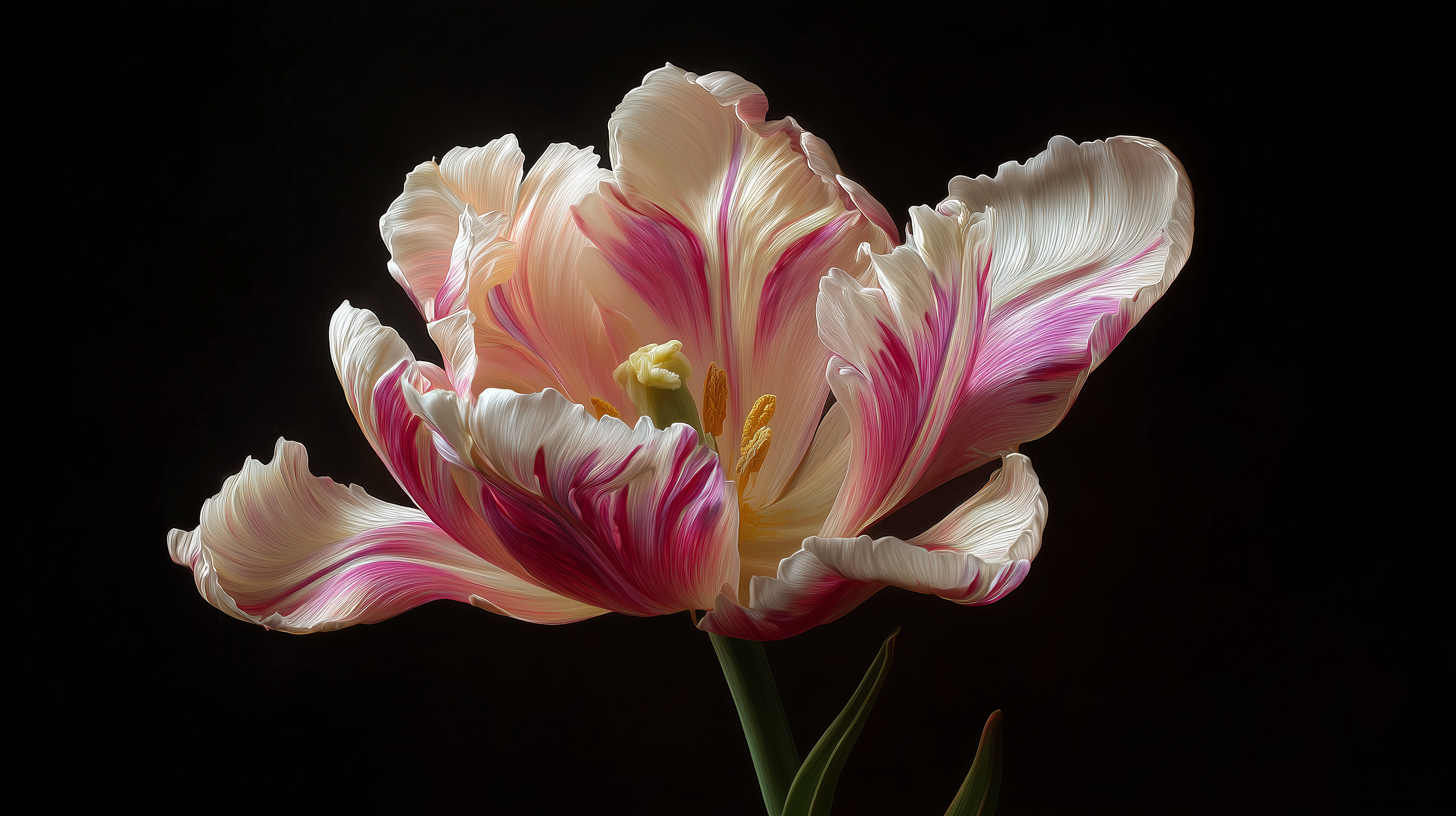 A stunning parrot tulip with ruffled white and pink petals unfurls against a dramatic dark background, showcasing nature's intricate beauty in fine detail.