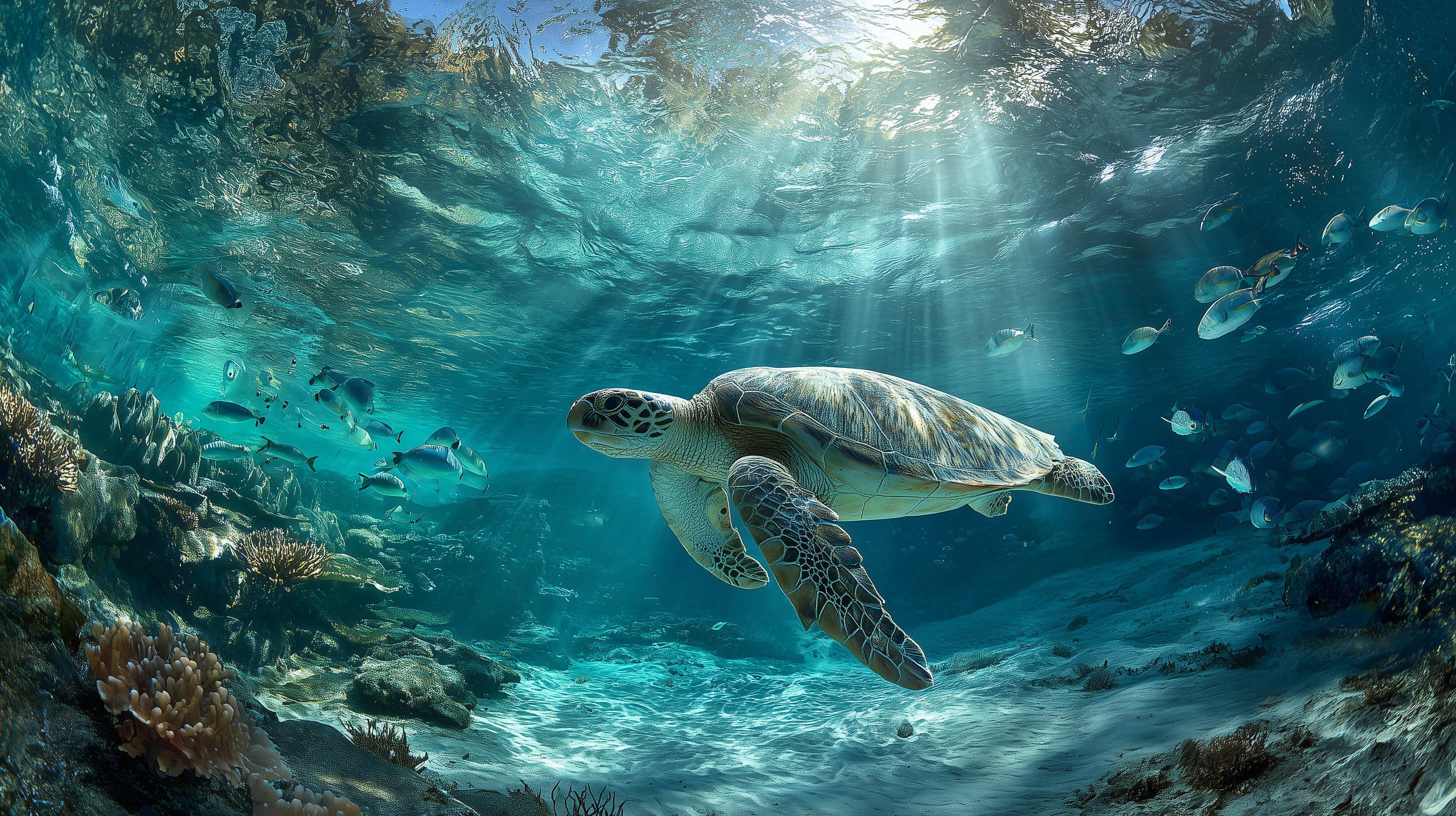 A majestic sea turtle glides gracefully through sunlit turquoise ocean waters surrounded by coral reefs and tropical fish, capturing the serene beauty of marine life.