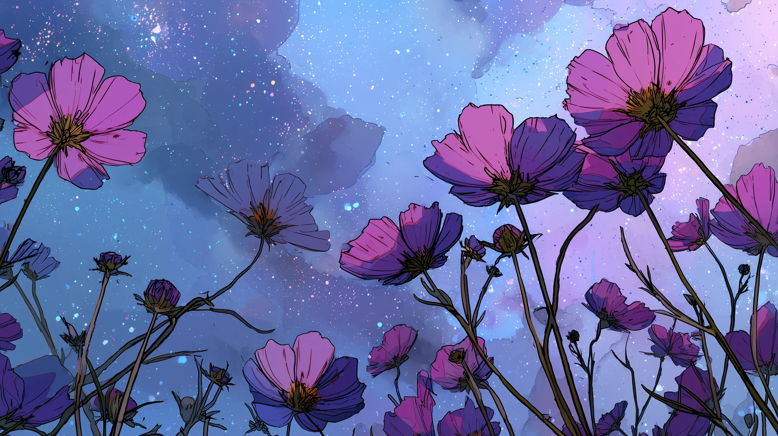 A dreamy illustrated field of pink and purple cosmos flowers rises against a sparkling blue watercolor galaxy sky, perfect as a nature-fantasy desktop wallpaper.