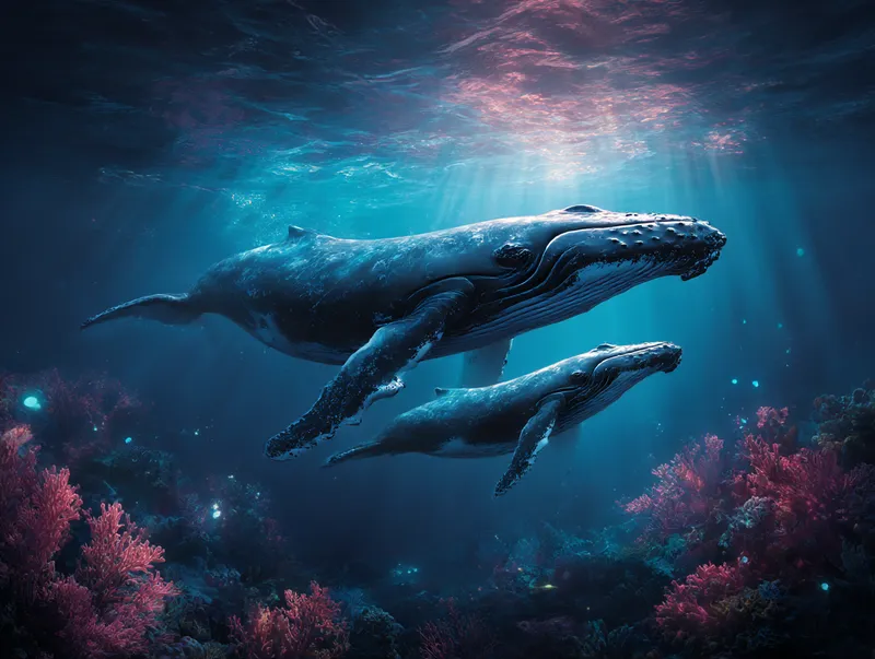 Mystical Humpback Whale Mother And Calf Swimming wallpaper