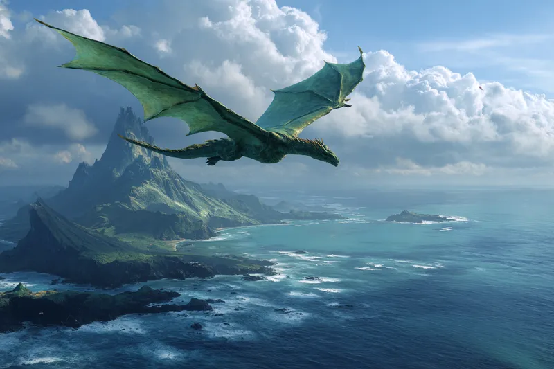 Emerald Dragon Over the Coastal Peaks wallpaper