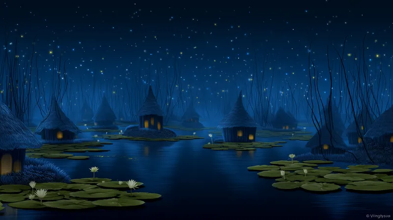 Enchanted Swamp Village at Night wallpaper
