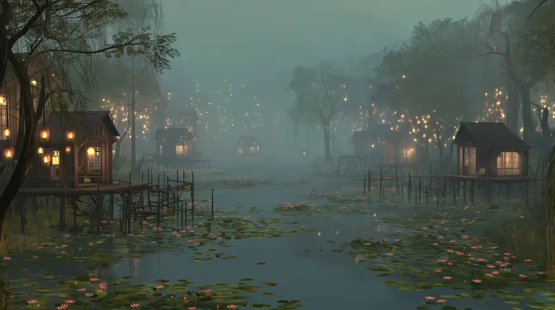 Misty Lotus Marsh at Dusk wallpaper