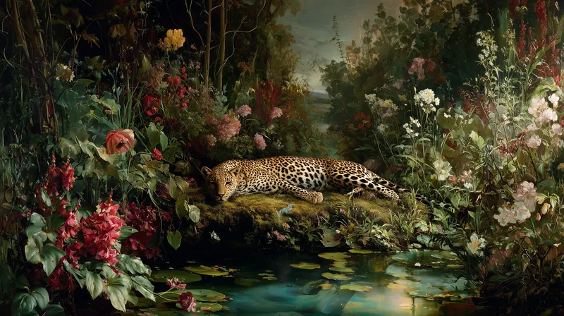 Leopard's Repose in a Lush Garden wallpaper