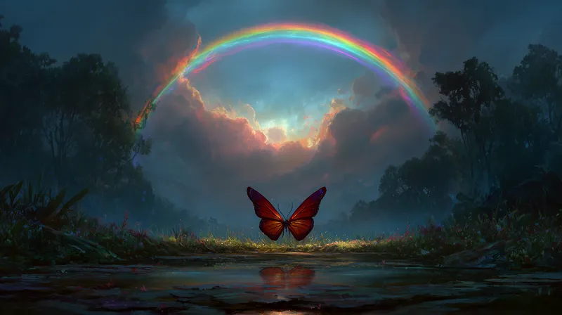 Crimson Wings Beneath the Rainbow wallpaper