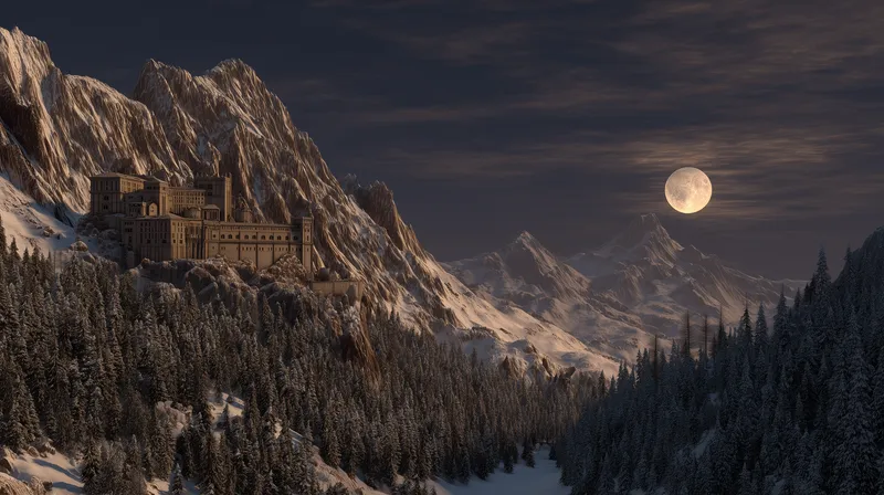 Moonlit Mountain Fortress wallpaper