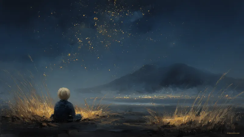 Stargazing Child by the Mountain Shore wallpaper