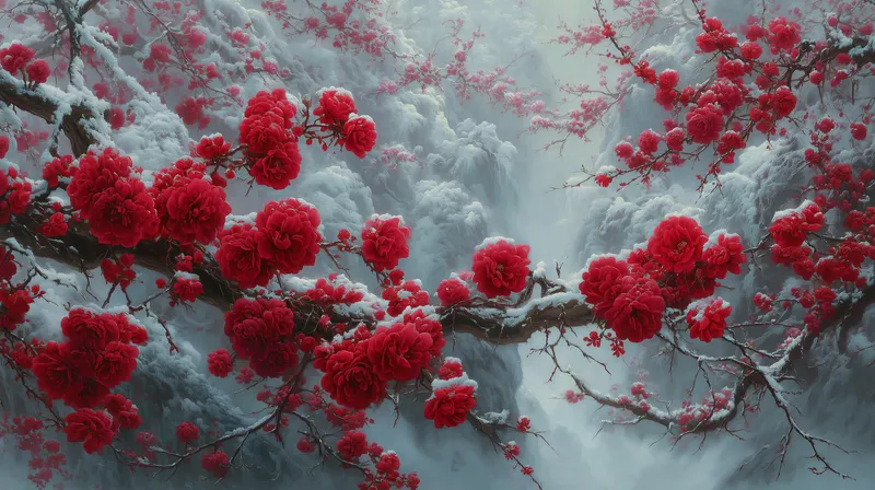 Red Blossoms in Winter Snow wallpaper