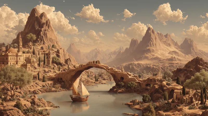 Ancient River City at the Foot of Desert Peaks wallpaper