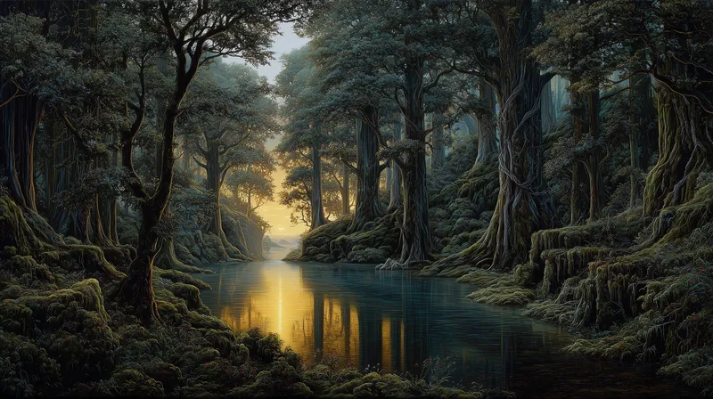 Golden Light Through the Ancient Forest River wallpaper