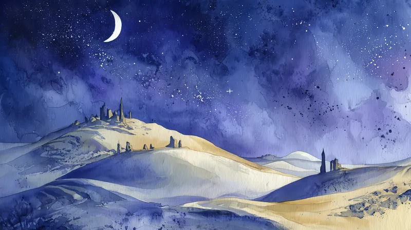 Desert Night Ancient Ruins Watercolor wallpaper