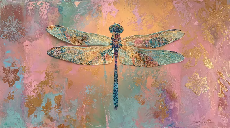 Golden Dragonfly on Pastel Canvas wallpaper