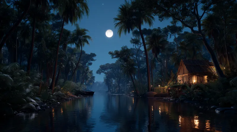 Moonlit Jungle River Cabin wallpaper