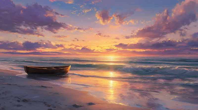 Solitary Rowboat at Golden Sunset Shore wallpaper