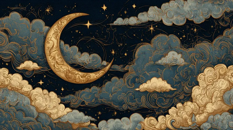 Golden Crescent Moon Among Ornate Clouds wallpaper
