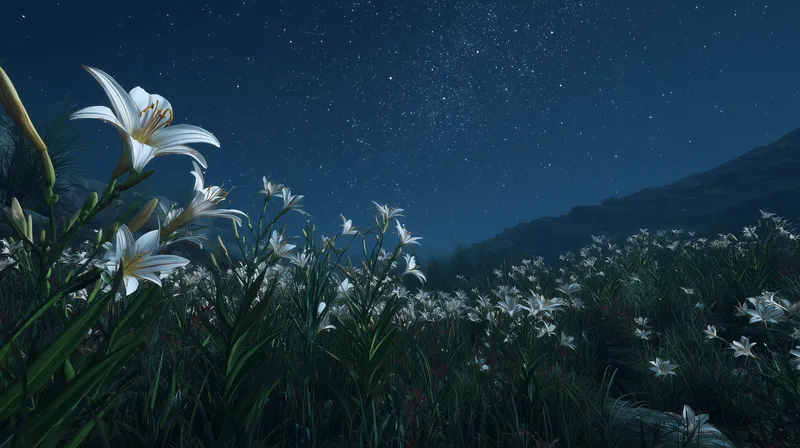 Moonlit Lily Field Under a Starry Sky wallpaper