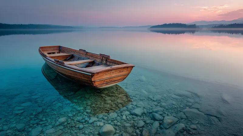 Wooden Rowboat at Twilight Lake wallpaper