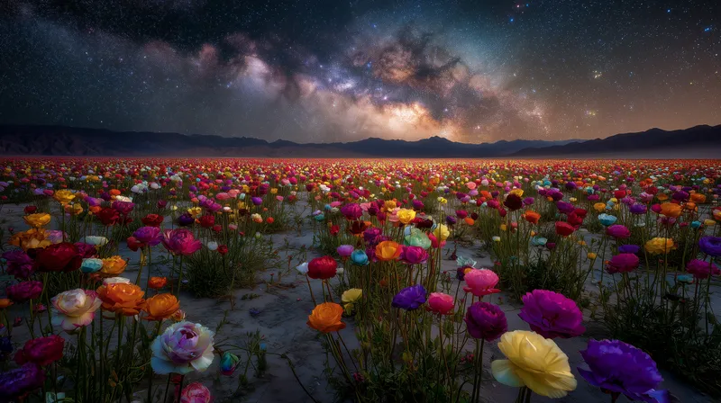 Cosmic Bloom: Ranunculus Field Under the Milky Way wallpaper