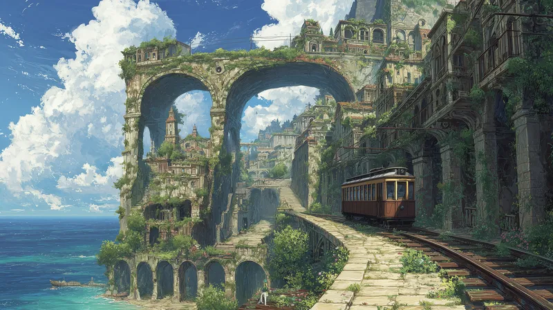 Overgrown Coastal Ruins with Tram wallpaper