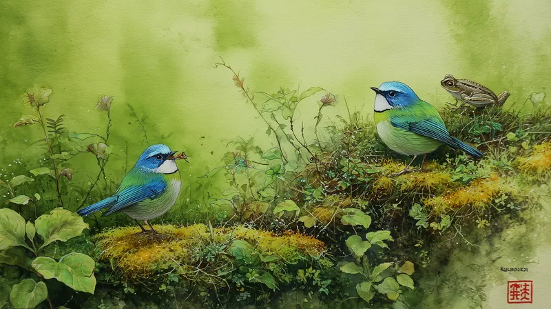 Blue Tanagers on a Mossy Ledge wallpaper