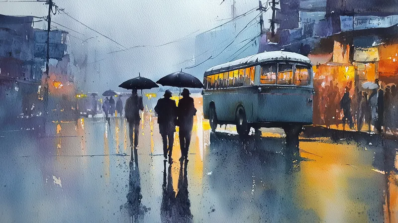 Rainy City Evening with Umbrellas wallpaper