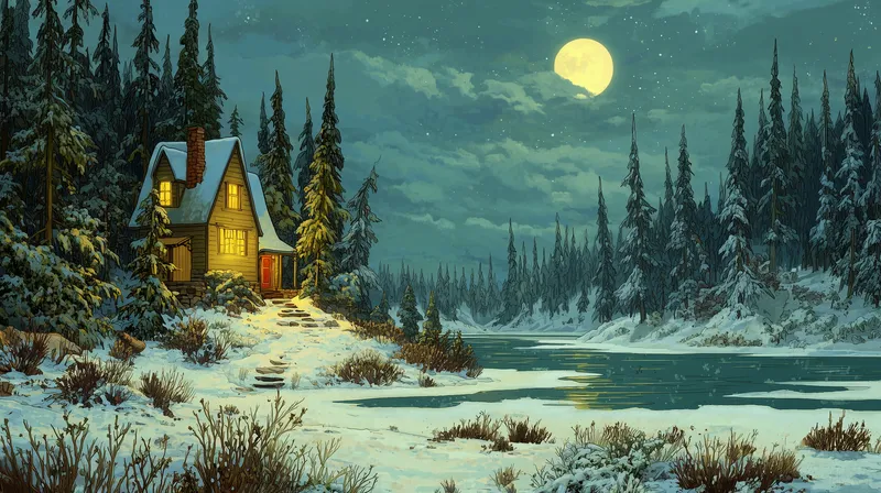 Moonlit Winter Cabin by the Frozen River wallpaper