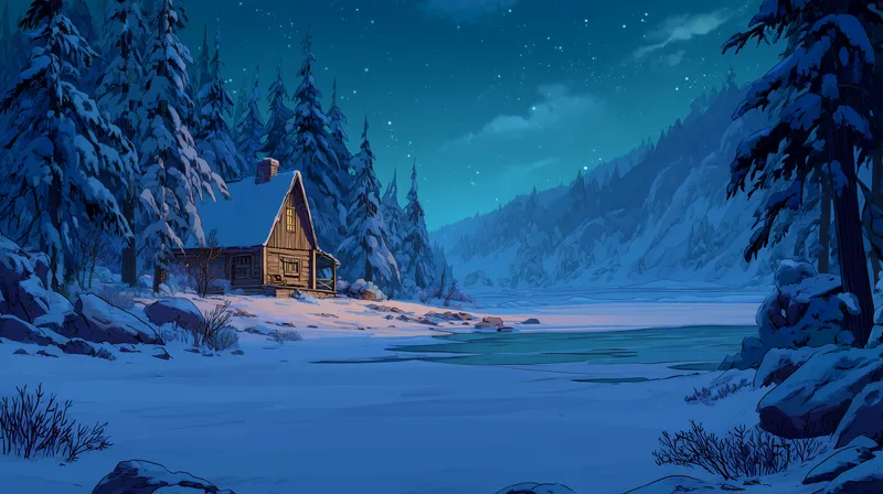 Winter Cabin by the Frozen Lake wallpaper
