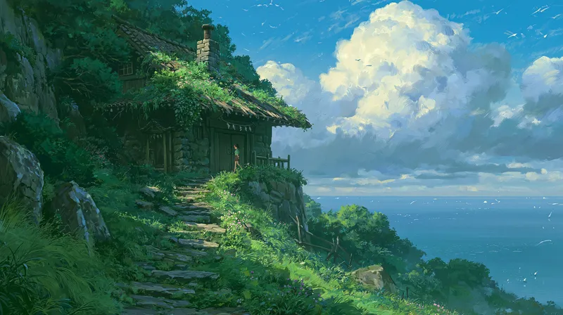 Clifftop Cottage Ghibli Desktop Wallpaper wallpaper
