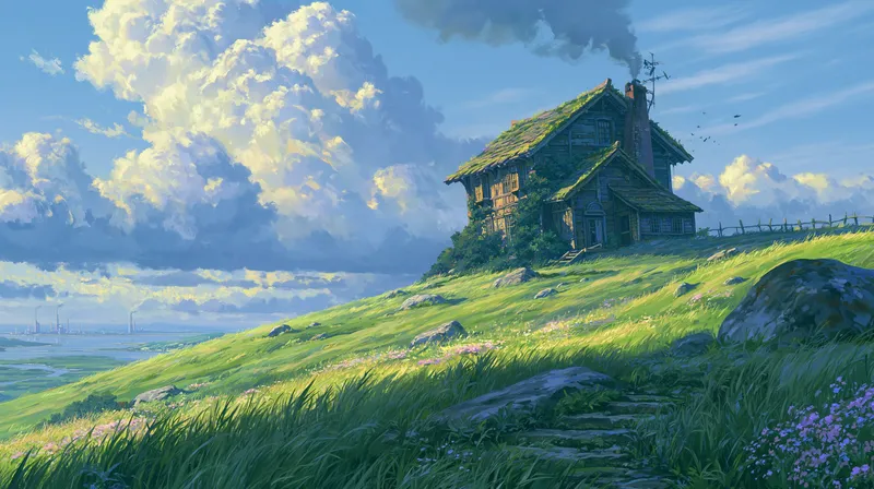 Hilltop Cottage Ghibli Desktop Wallpaper wallpaper