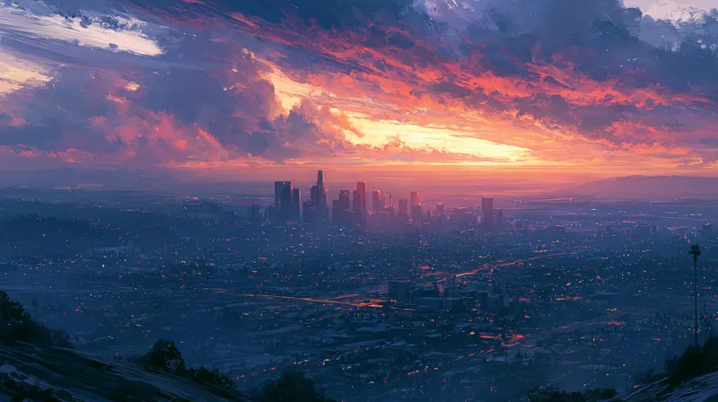 Fiery Sunset Los Angeles Skyline Wallpaper wallpaper