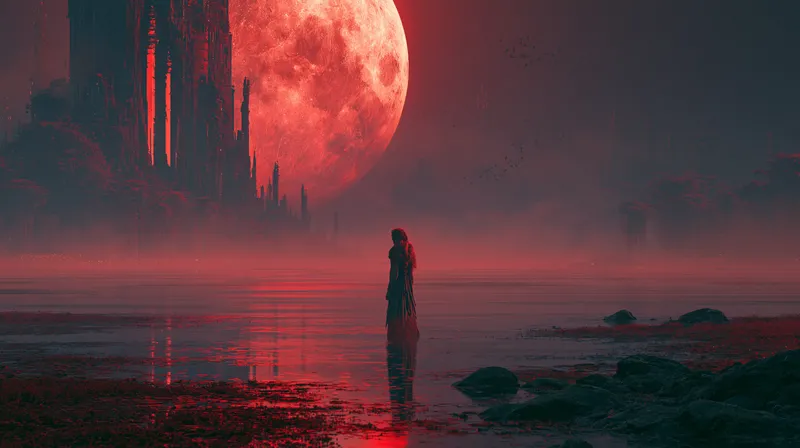 Crimson Moon Shoreline Red Wallpaper wallpaper